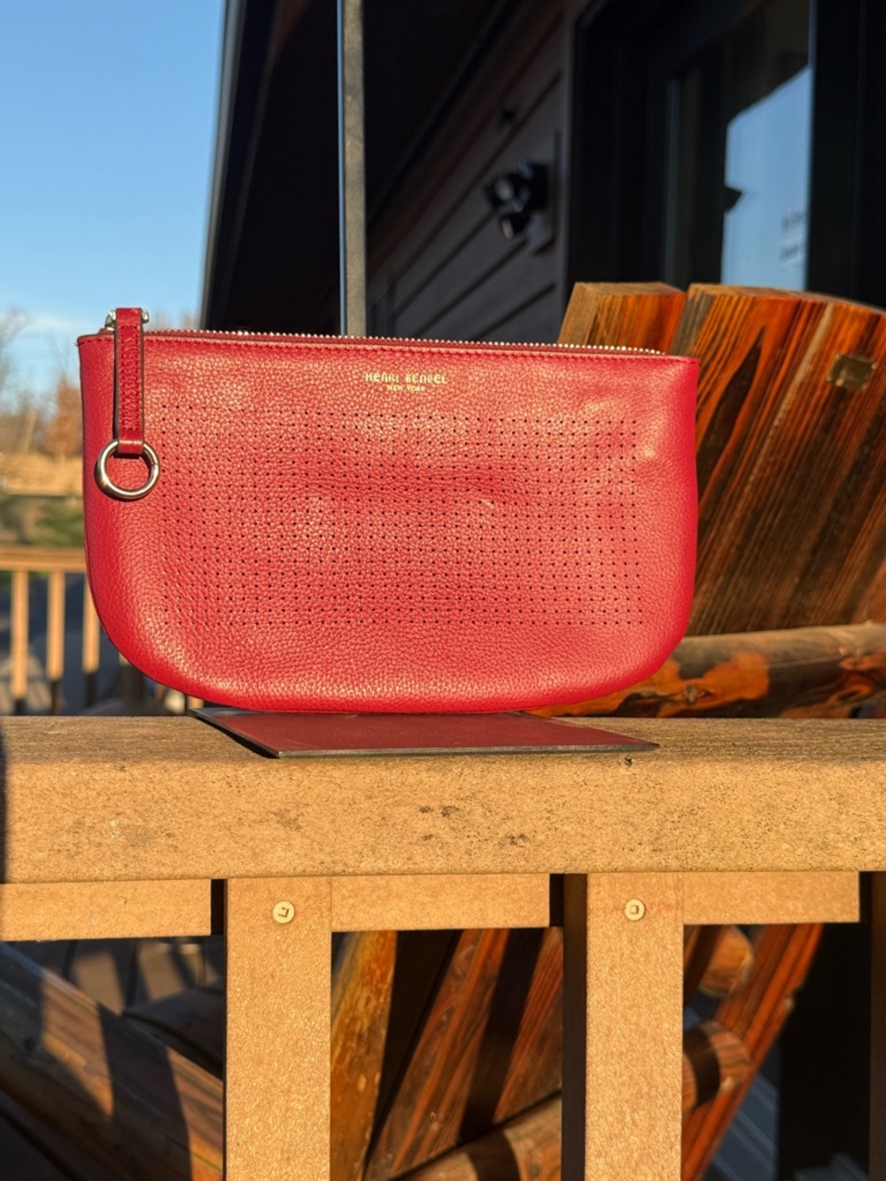 GUC Henri Bendel Red Perforated Leather Wristlet Clutch